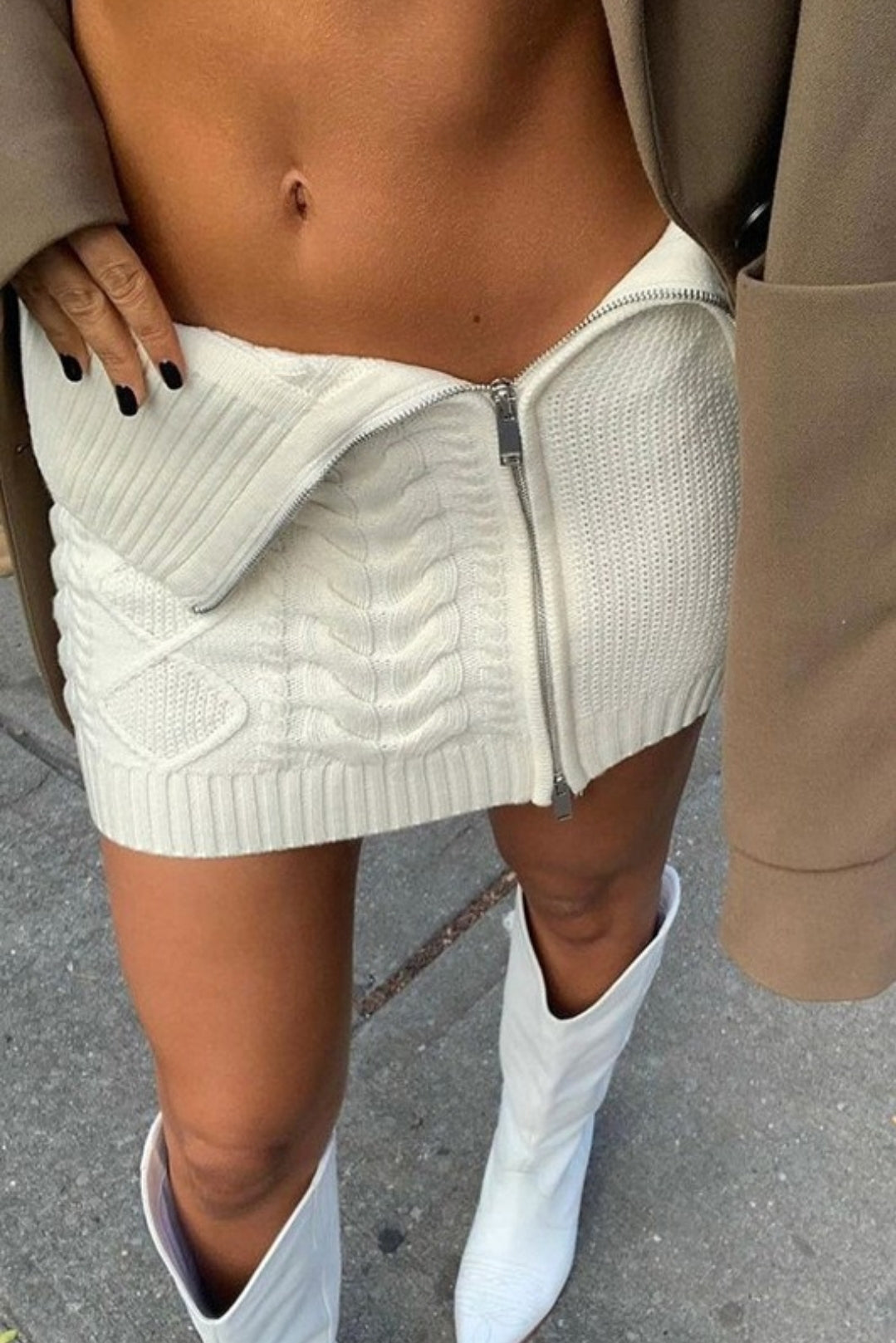 Fold waist sweater zipper skirt