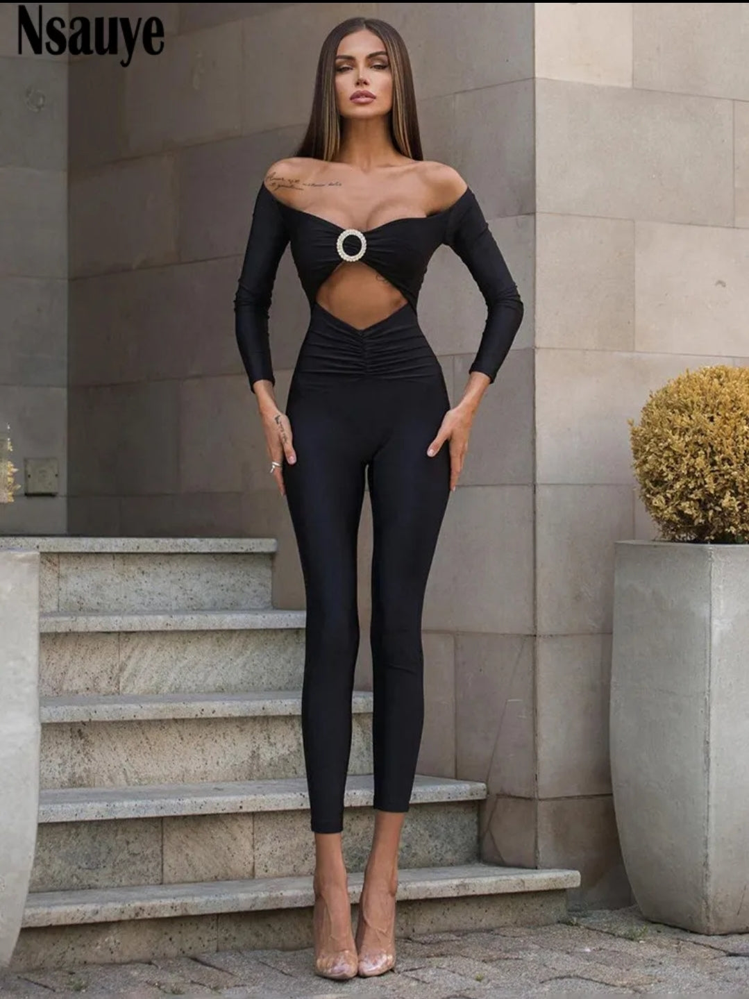 Off shoulder rhinestone jumpsuit